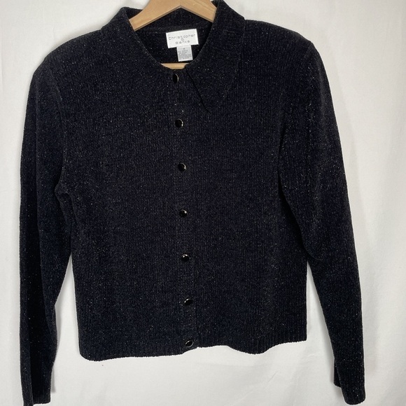 VTG Christopher&Banks Black collared Shimmer Crushed Velvet Button down Sweater - Picture 5 of 7